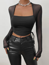 SXY Square Neck Contrast Mesh Drawstring Side Crop Tee